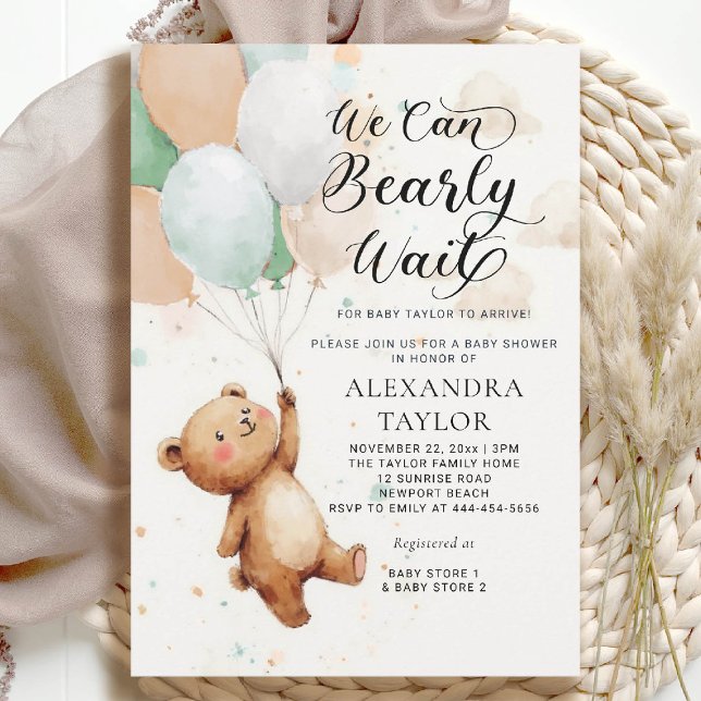 Convite Balões de Espera Brancos Sábios Tan Bear Baby Chá (bearly wait baby shower invitation boy sage green tan balloons whimsical calligraphy watercolor)