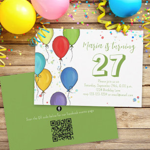 Convite Balões de Festa de Aniversário Confetes Código QR