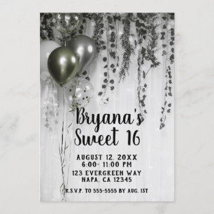 Convite Balões de Festa Metálicos Verde Prata Ivy Sweet 16