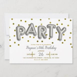 Convite Balões de Festa Prata & Ouro Aniversário QUALQUER