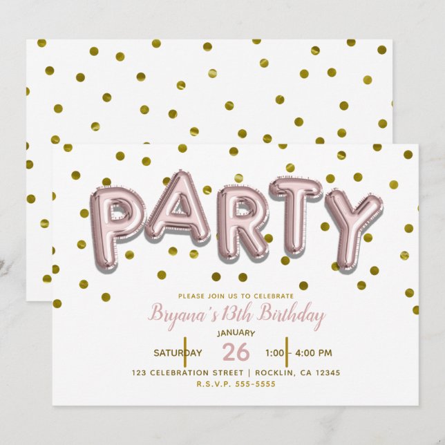Convite Balões de Festa Rosa Dourado Aniversário QUALQUER  (Frente/Verso)