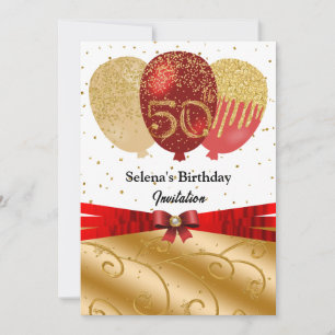 Convite Balões de Fita de Seda Aniversário 50 Red Gold