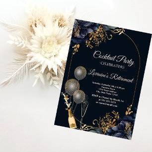Convite Balões de Flores Azul Navy Elegantes, Aposentadori