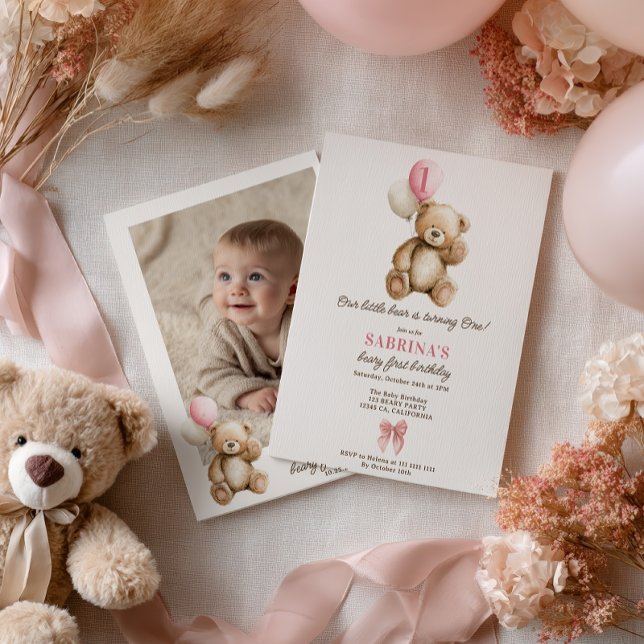 Convite Balões de Fotografias do Urso de Teddy primeiro an (Girl Beary 1st Birthday Teddy Bear Photo Balloons Invitation)