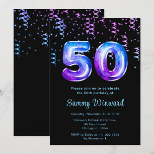 Convite Balões de Galáxia de Aniversário de 50 anos com Co