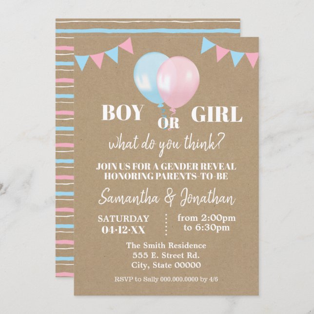 Convite Balões de gênero revelam rapaz ou bebê (Frente/Verso)