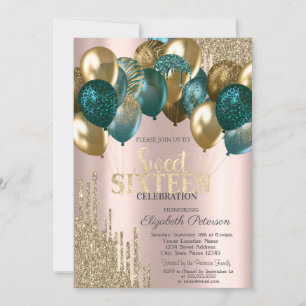 Convite Balões de Glitter Dourado Rose Gold Sweet 16