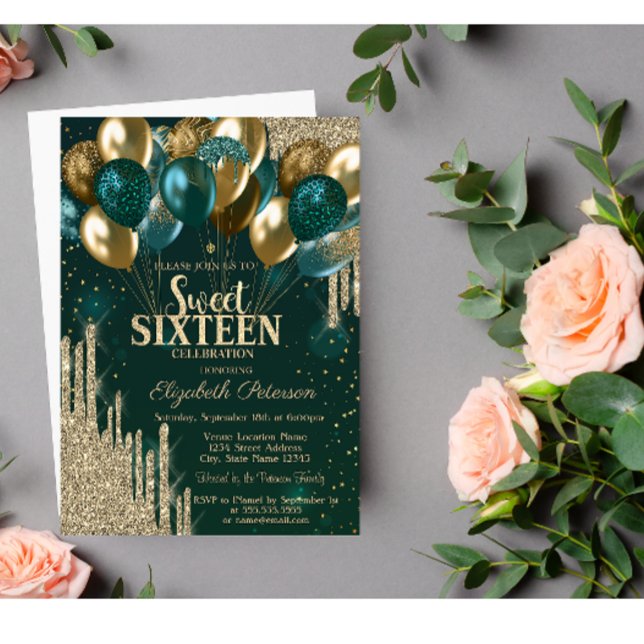Convite Balões de Glitter Drips Dourado Verde Sweet 16 (Criador carregado)