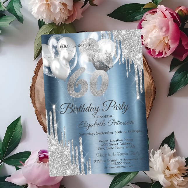 Convite Balões de Glitter Prateado Azul Metálico 60º  (Criador carregado)