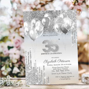 Convite Balões de Glitter Prateado com Gotas 35º Aniversár