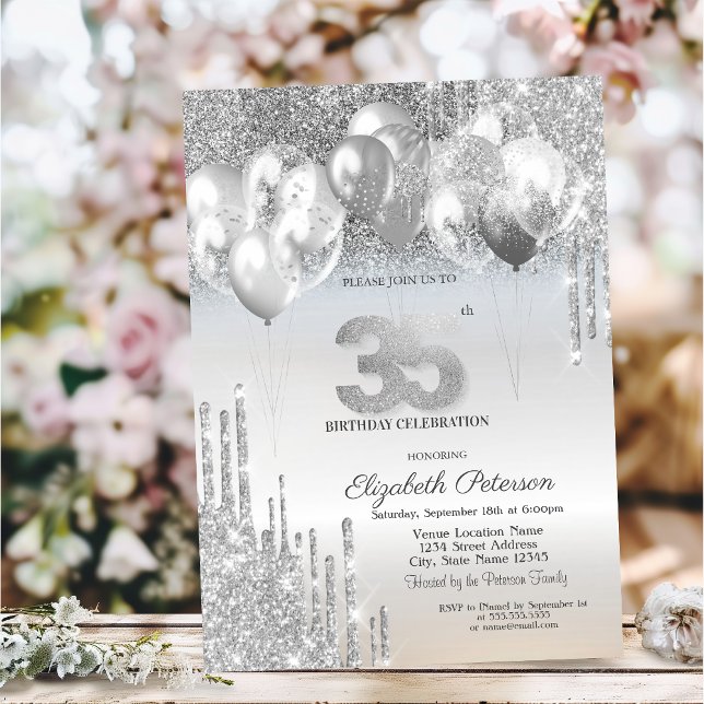 Convite Balões de Glitter Prateado com Gotas 35º Aniversár (Criador carregado)