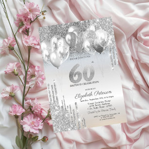 Convite Balões de Glitter Prateado com Gotas 60º Aniversár