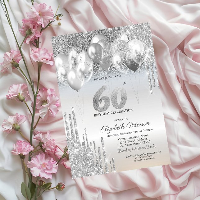 Convite Balões de Glitter Prateado com Gotas 60º Aniversár (Criador carregado)