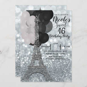 Convite Balões de Glitter Prateado Torre Eiffel Sweet 16 C