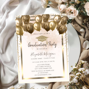 Convite Balões de Graduação Diamantes Ouro Grad Cap Creme