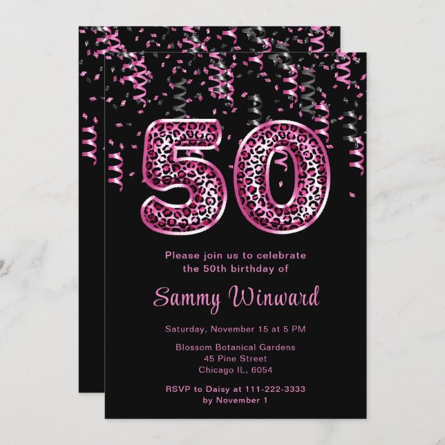 Convite Balões de Impressão Leopardo de 50º aniversário co (Frente/Verso)