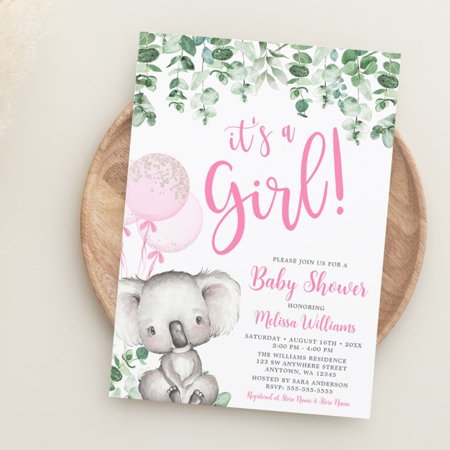 Convite Balões de Koala Eucalipto Festa de Bebê Menina (Criador carregado)