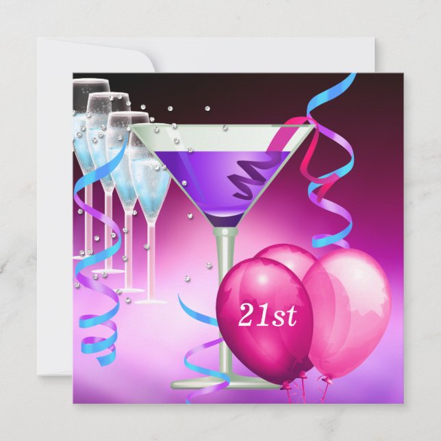 Convite Balões de Martini Branco Rosa Roxo para Aniversári (Frente)