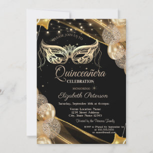 Convite Balões de Mascarada Estrelas Preto Quinceañera