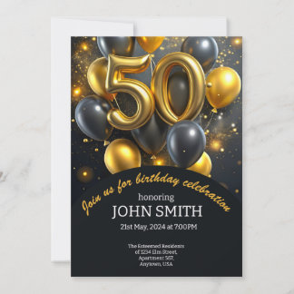 Convite Balões de ouro de 50 anos pretos brilhando