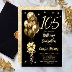 Convite Balões de Ouro Elegantes em Preto para Aniversário