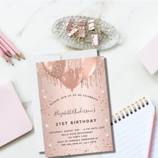 Convite Balões de ouro-rosa de-relva-de-aniversário