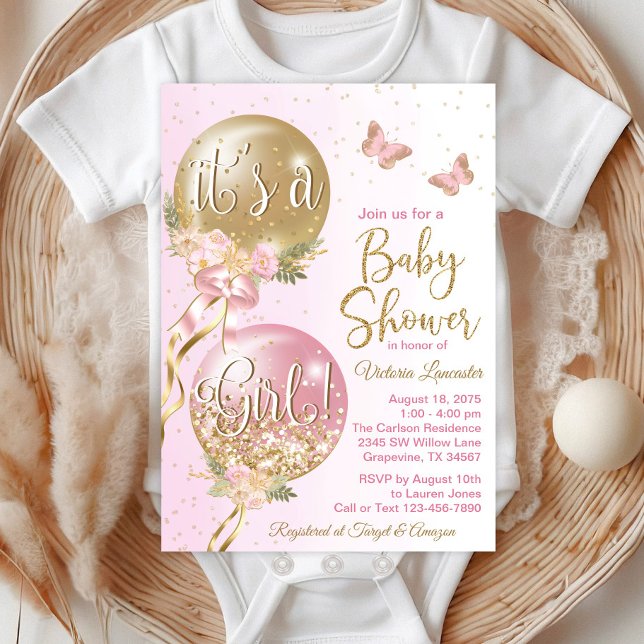 Convite Balões de Ouro Rosa Festa da Borboleta Bebê (Beautiful butterfly and balloons baby shower invitations. )