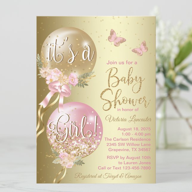 Convite Balões de Ouro Rosa Festa da Borboleta Bebê (Criador carregado)