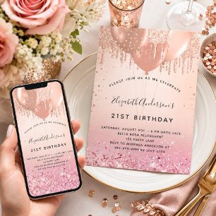 Convite Balões de ouro rosa-festa de aniversário