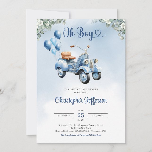 Convite Balões de patinete de bebê Chá de fraldas de menin (Frente)