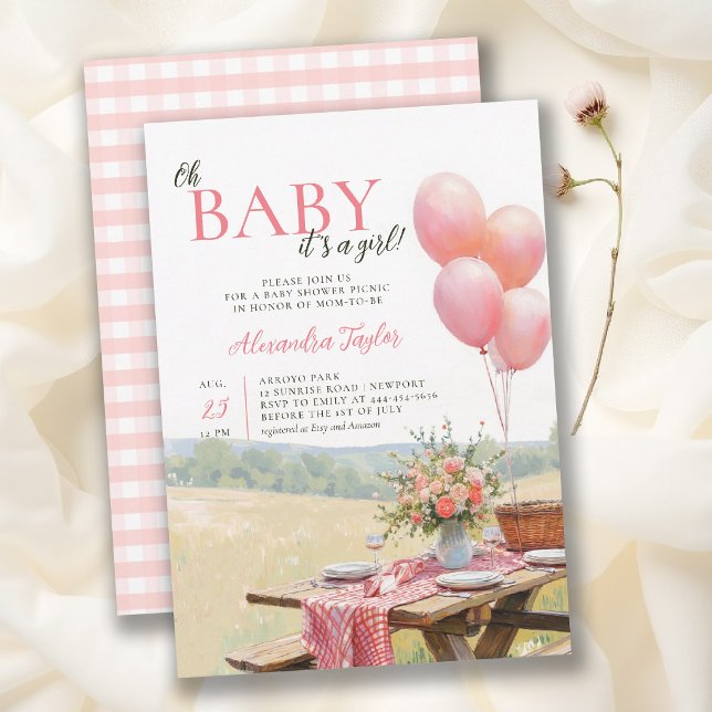 Convite Balões de Piquenique Flores Silvestres Rosa Chá de (picnic baby shower invitation card template watercolor outdoors summer backyard floral balloons)