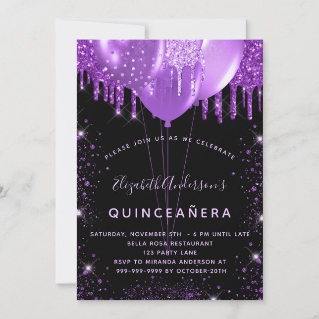 Convite Balões de pó preto-roxo de quinceanera (Frente)