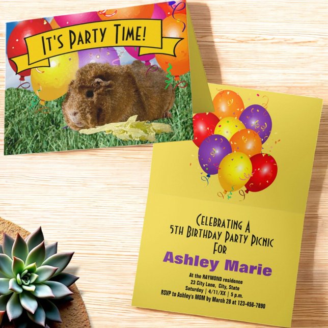 Convite Balões de porcos para Festa de aniversário animal  (Party invitation on folded greeting card cover and Inside)