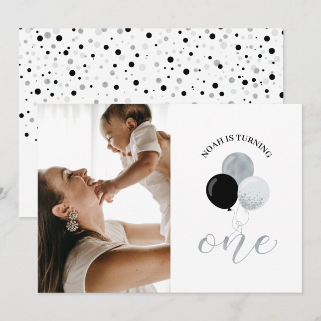 Convite Balões de prata e preto | Festa de primeiro aniver (Frente/Verso)