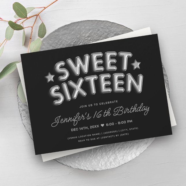 Convite Balões de Prata Glam Modernos Black Sweet 16 (Modern Glam Silver Balloons Black Sweet 16 Invitation)
