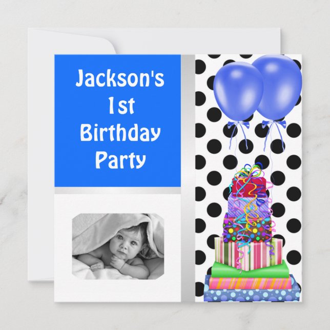 Convite Balões de primeiro aniversario Presentes Azul Pret (Frente)