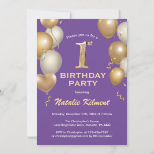 Convite Balões de primeiro aniversario Roxo e Brilho Doura