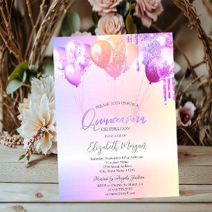 Convite Balões de Purpurina Roxa Quinceañera Prata