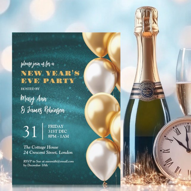 Convite Balões de Sequência do Shimmer Dourado de Teal vés (New Years Eve Teal Gold Shimmer Sequin Balloons Invitation)