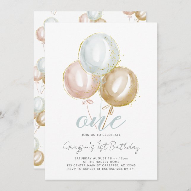 Convite Balões de um primeiro aniversario (Frente/Verso)