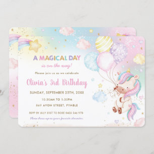 Convite Balões de Unicórnio Cachinhos Arco-íris