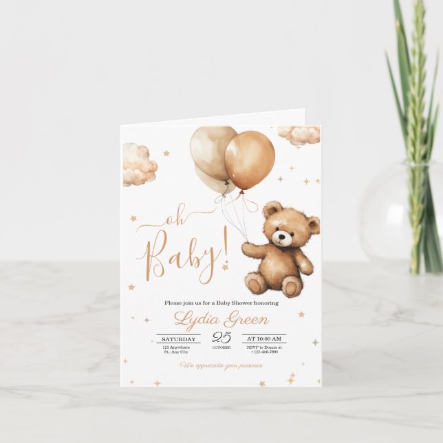 Convite Balões de ursinho aniversário de bebê Neutro  (Frente)