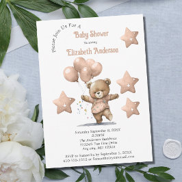 Convite Balões de Ursinho de Pelúcia Rosa Estrelas Menina