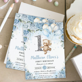 Convite Balões de Urso Azul Floral Primeiro primeiro anive