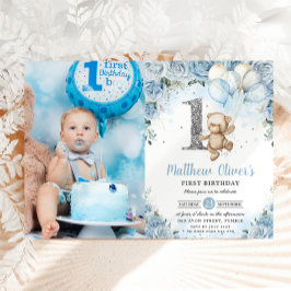 Convite Balões de Urso Azul Foto de primeiro aniversario F