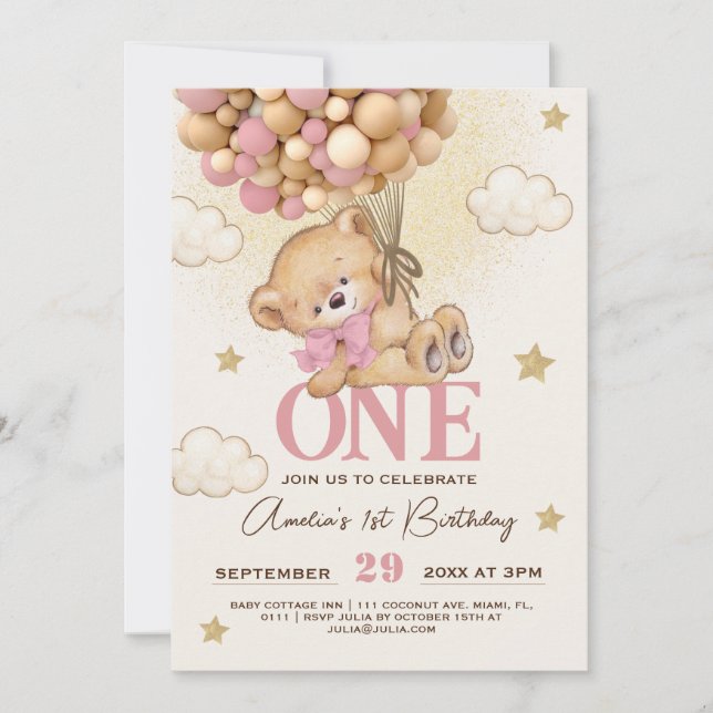 Convite Balões de Urso Bebê Menina 1º Aniversário  (Frente)