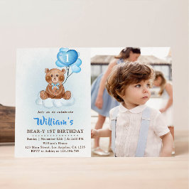 Convite Balões de Urso de Pelúcia Azul Aniversário de Um A