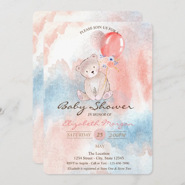 Convite Balões de Urso de Pelúcia Chá de Bebê Aquarela (Frente/Verso)
