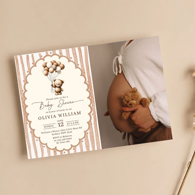 Convite Balões de Urso de Pelúcia Marrom Listras Chuvada d (Criador carregado)