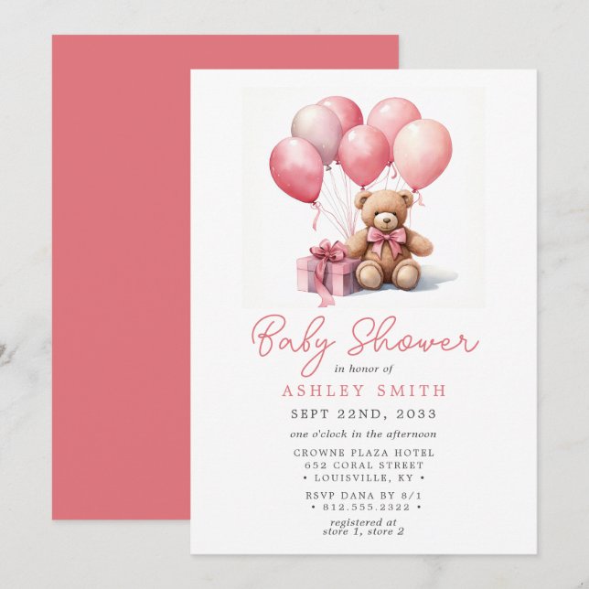 Convite Balões de Urso de Pelúcia Rosa para Chá de Bebê Me (Frente/Verso)